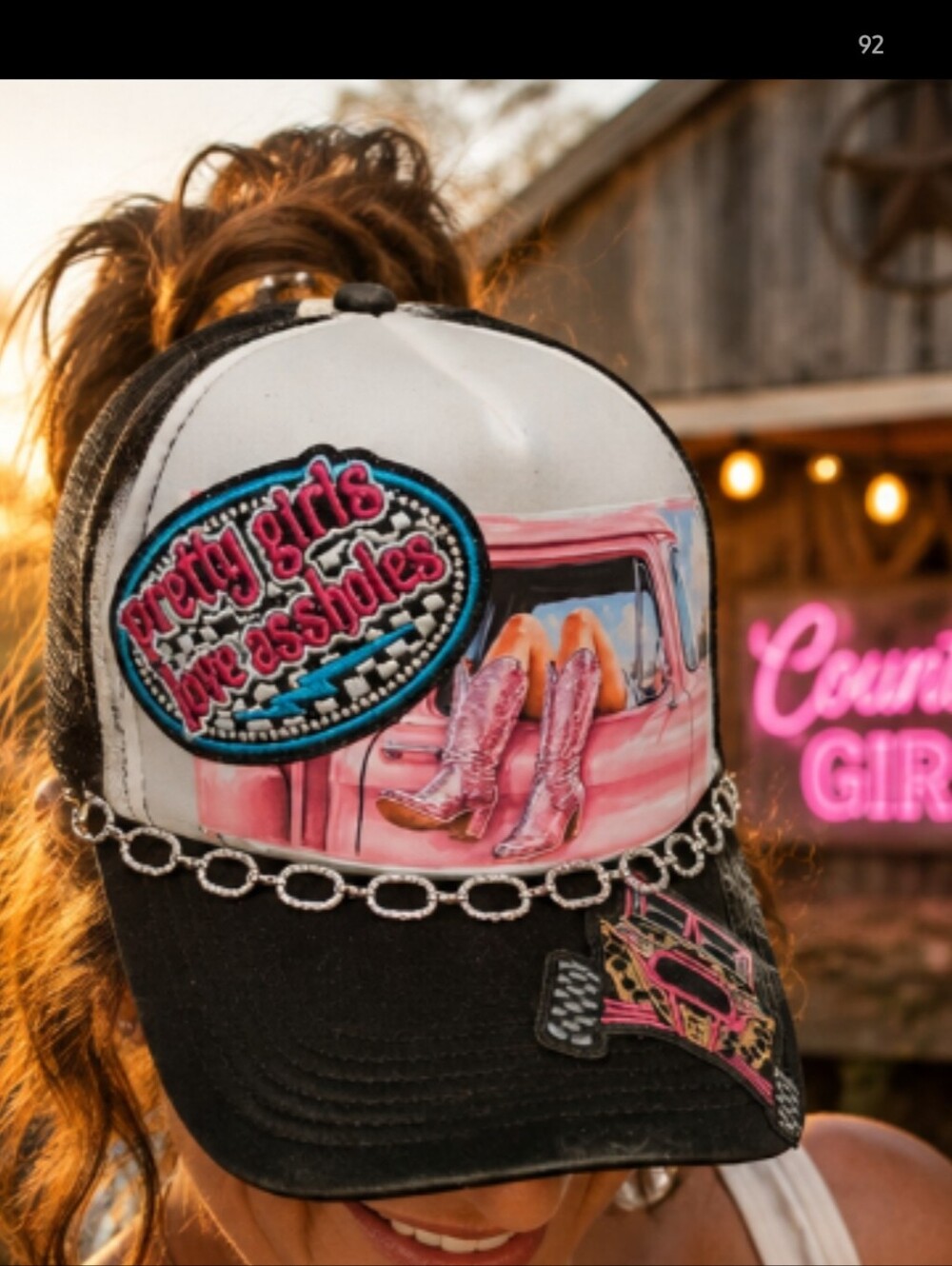 Pink & Black LADIES PRETTY GIRLS LOVE ASSHOLES  Trucker Hat with Chain Detail